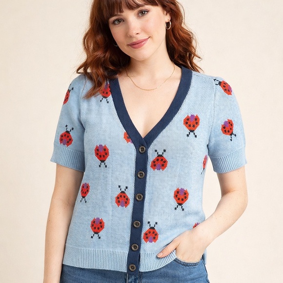 Modcloth Sweaters - ModCloth Ladybug Print Cardigan Sweater Medium Blue Short Sleeve Cute Retro